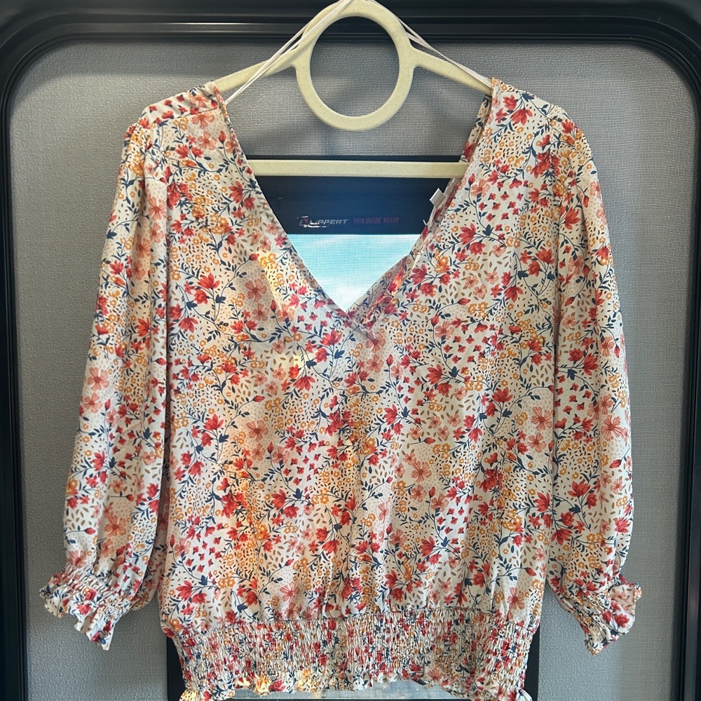 Nine Britton Floral V-Neck Blouse - Red, Orange, Cream